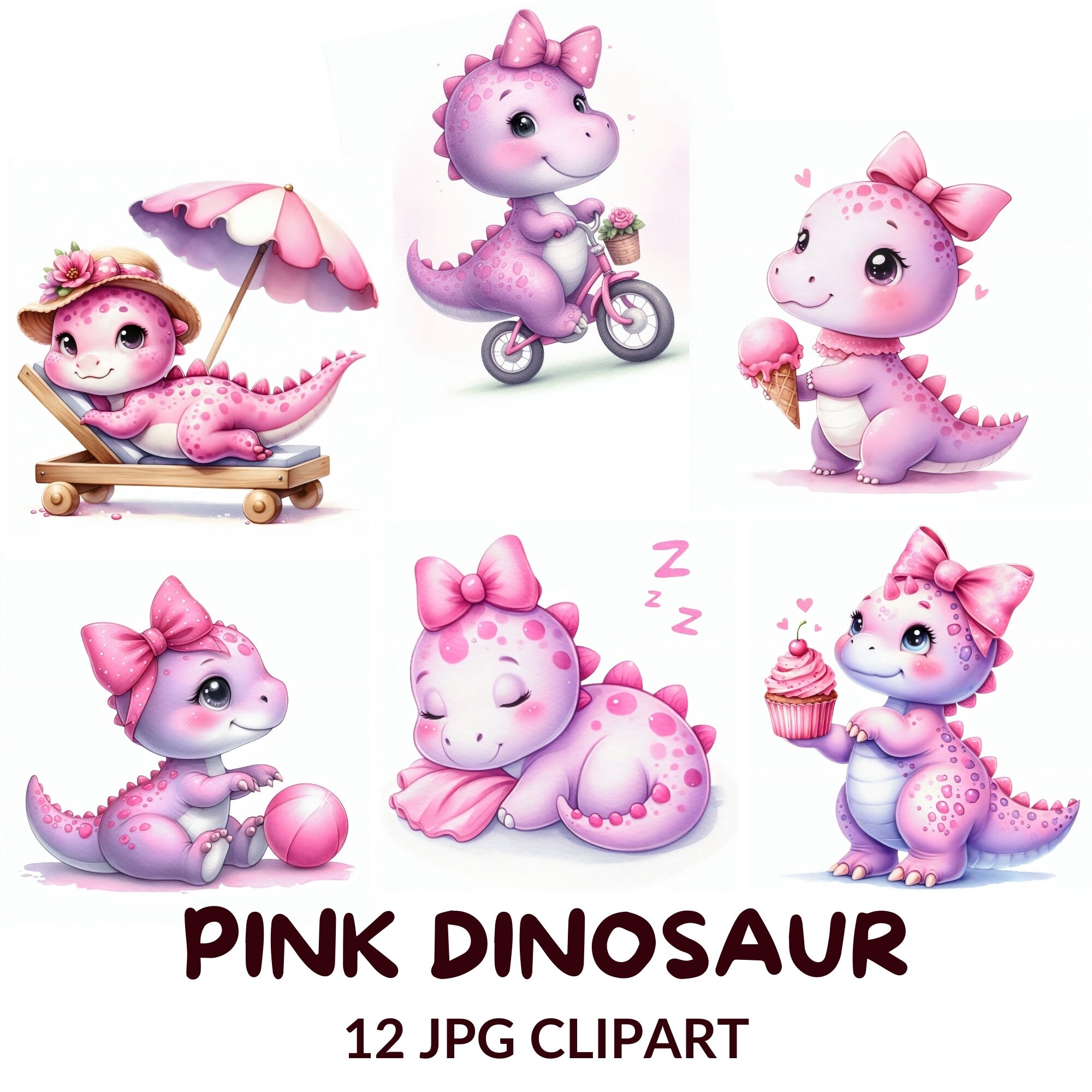 Watercolor Pink Dinosaur Clipart Bundle, Cute Dino PNG, Nursery Decor ...