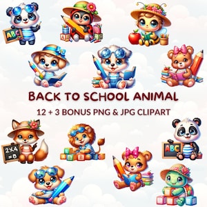 Watercolor School Animals Clipart: Back to School PNG JPG (Digital Download