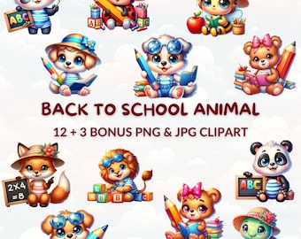 Watercolor School Animals Clipart: Back to School PNG JPG (Digital Download