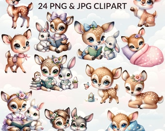 Watercolor Deer Clipart Bundle, Woodland PNG JPG (Digital Download