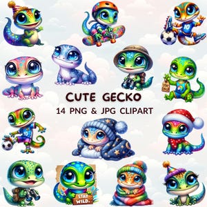 Cute Watercolor Cartoon Gecko Clipart Bundle, 14 PNG & JPG Reptiles, Adorable Gecko, Nursery Decor, Digital Art for Crafts and Decor