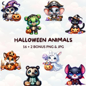 Watercolor Cartoon Halloween  Animals Bundle Clipart, 16 Cute Halloween Animal PNG & JPG, Nursery Decor, Trick or Treat Clipart