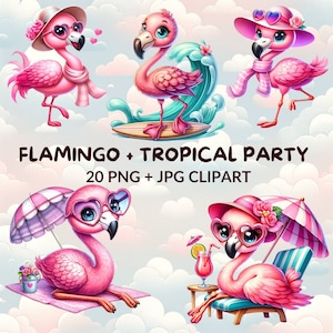 20 Watercolor Flamingo Clipart Bundle, Cute Flamingo PNG, Pink Bird, Exotic Animal, Surf Nursery, Summer Beach, Birthday Party