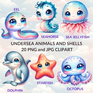 20 Watercolor Undersea Animals and Shells Clipart Bundle, Seahorse PNG, Cute Sea Creatures, Marine Life, JPG Files, Ocean Nursery Decor