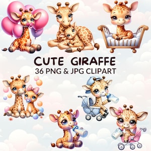36 Watercolor Cute Giraffe Clipart Bundle, 12 Giraffe PNG, Safari Nursery Decor, Jungle Animal, Birthday Invite, Digital Download