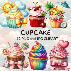 12 Watercolor Cupcake Clipart Bundle, Cute Dessert PNG, Tropical Sweets JPG, Tropical Fruits, Birthday Party Decor, Memory Book