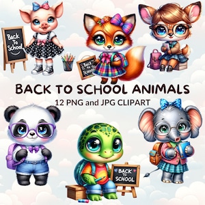 12 Watercolor Cartoon Back to School Animals Clipart Bundle, Cute Animal PNG, Classroom Decor, Digital Download, School Supplies