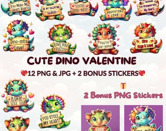 Watercolor Dino Valentine Clipart Bundle, Cartoon PNG JPG (Digital Download)