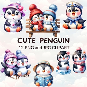 12 Watercolor Penguin Clipart Bundle, Penguin PNG, JPG Files, Cute Arctic Animals, Polar Animals, Baby Shower Decor, Digital Download