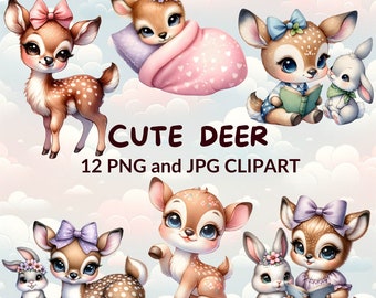 Watercolor Deer Clipart Bundle, Woodland Nursery Art (PNG JPG)