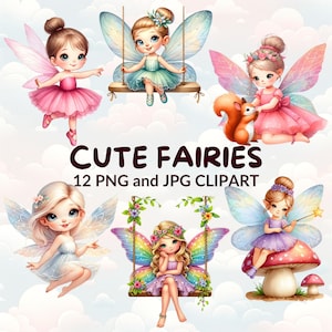 Watercolor Cute Fairies Clipart Bundle, 12 Fairy PNG, JPG Files,  Fairy Party Decor, Fantasy Clipart, Magical Fairy, Nursery Decor