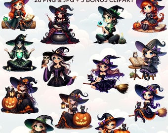 Watercolor Halloween Witch Clipart Bundle, Spooky PNG JPG (Digital Download)
