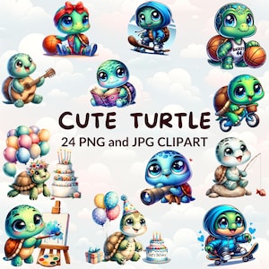 24 Watercolor Cute Cartoon Turtle Clipart Mega Bundle, Turtle PNG & JPG, Ocean Animals, Sea Turtle Art, Birthday Party Decor