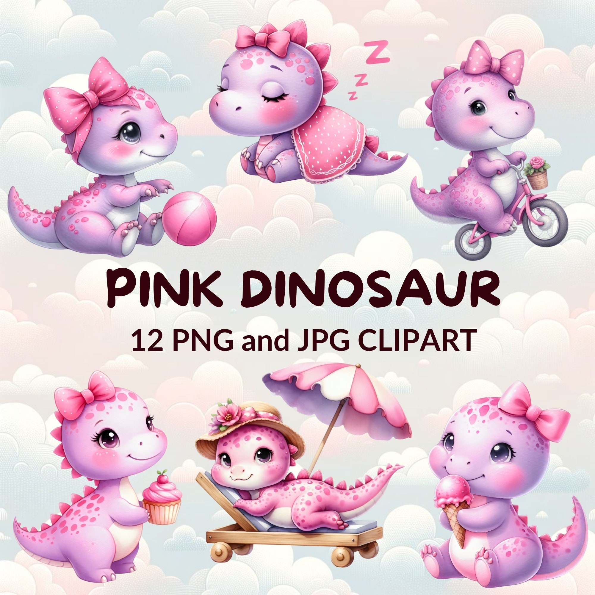 Watercolor Pink Dinosaur Clipart Bundle, Cute Dino PNG, Nursery Decor ...