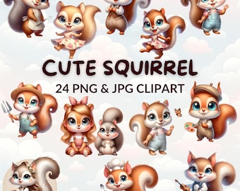 Watercolor Cartoon Squirrel Clipart Bundle, Nursery Art (PNG & JPG)