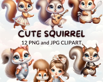 Watercolor Squirrel Clipart Bundle: Cartoon Forest Animals (PNG & JPG)