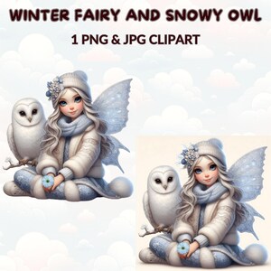 Winter Fairy and Snowy Owl in Winter Outfit, 1 JPG & PNG, Watercolor Cartoon Clipart for DIY Crafts, Nursery Decor, Scrapbooking