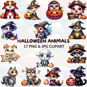 Watercolor Cartoon Halloween Animals Bundle Clipart, 14 Cute Halloween Animal PNG & JPG, Nursery Decor, Trick or Treat Clipart