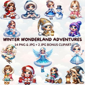 Winter Wonderland Adventures Clipart Bundle, 14 Enchanting Winter Characters PNG & JPG, Christmas Decor, Cute Fantasy Figures for Crafts
