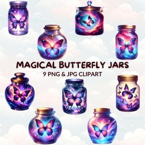 Magical Butterfly Jars Clipart Bundle, 9 Fantasy PNG & JPG Images, Celestial Digital Download for Scrapbooking and Crafts