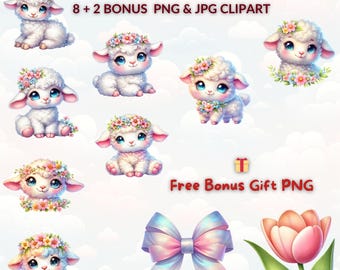 Watercolor Lamb Clipart: Spring Animals with Flower Crowns (PNG & JPG)