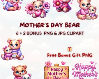 Mother's Day Bear Clipart: Watercolor Mommy and Me (PNG JPG)