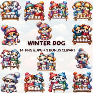 Winter Puppy Dog Clipart Bundle, 14 PNG & JPG + 3 Bonus, Cute Watercolor Cartoon Puppy Illustrations, Winter Dog Art for Scrapbooking