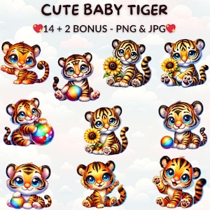Cute Baby Tiger Clipart, 14 Watercolor Cartoon Tigers, PNG & JPG, Safari Animal Digital Download, Nursery Decor, Party and Crafts