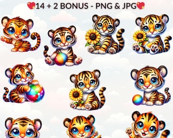 Watercolor Baby Tiger Clipart: Cartoon Safari Animals (PNG & JPG)