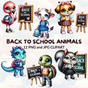 12 Watercolor Cartoon Back to School Animals Clipart Bundle, Cute Animal PNG & JPG, Classroom Decor, Digital Download, School Supplies
