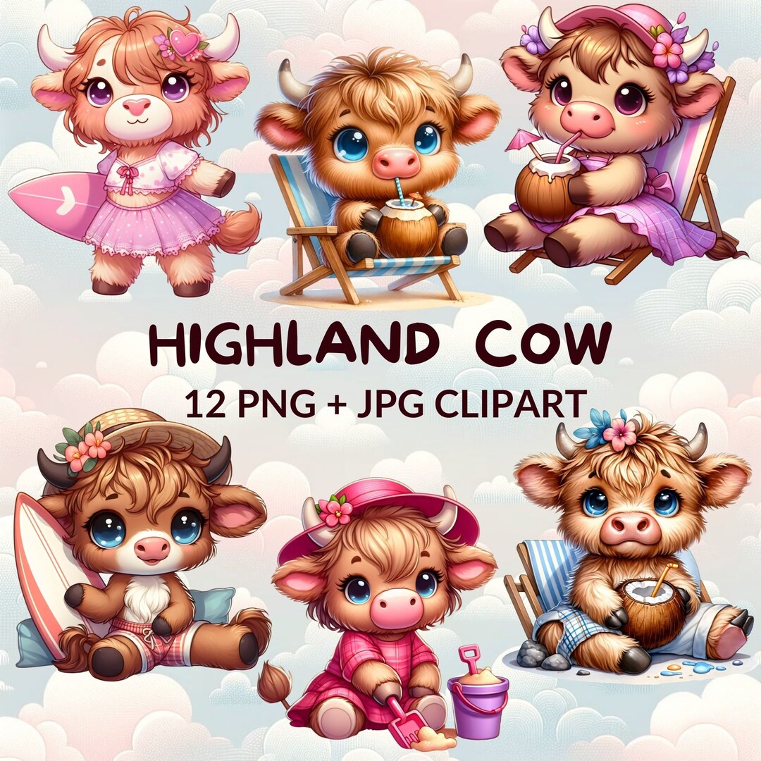 12 Watercolor Highland Cow Clipart Bundle - Summer Beach Animal Prints ...