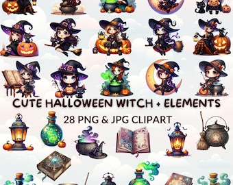 Watercolor Halloween Witch Clipart – PNG & JPG Files