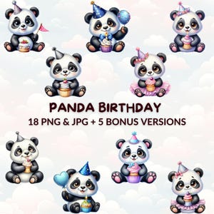 Panda Birthday Clipart, 18 Watercolor Cartoon PNG & JPG, Birthday Animals Clipart, Baby Shower, Nursery Decor, Party Decorations