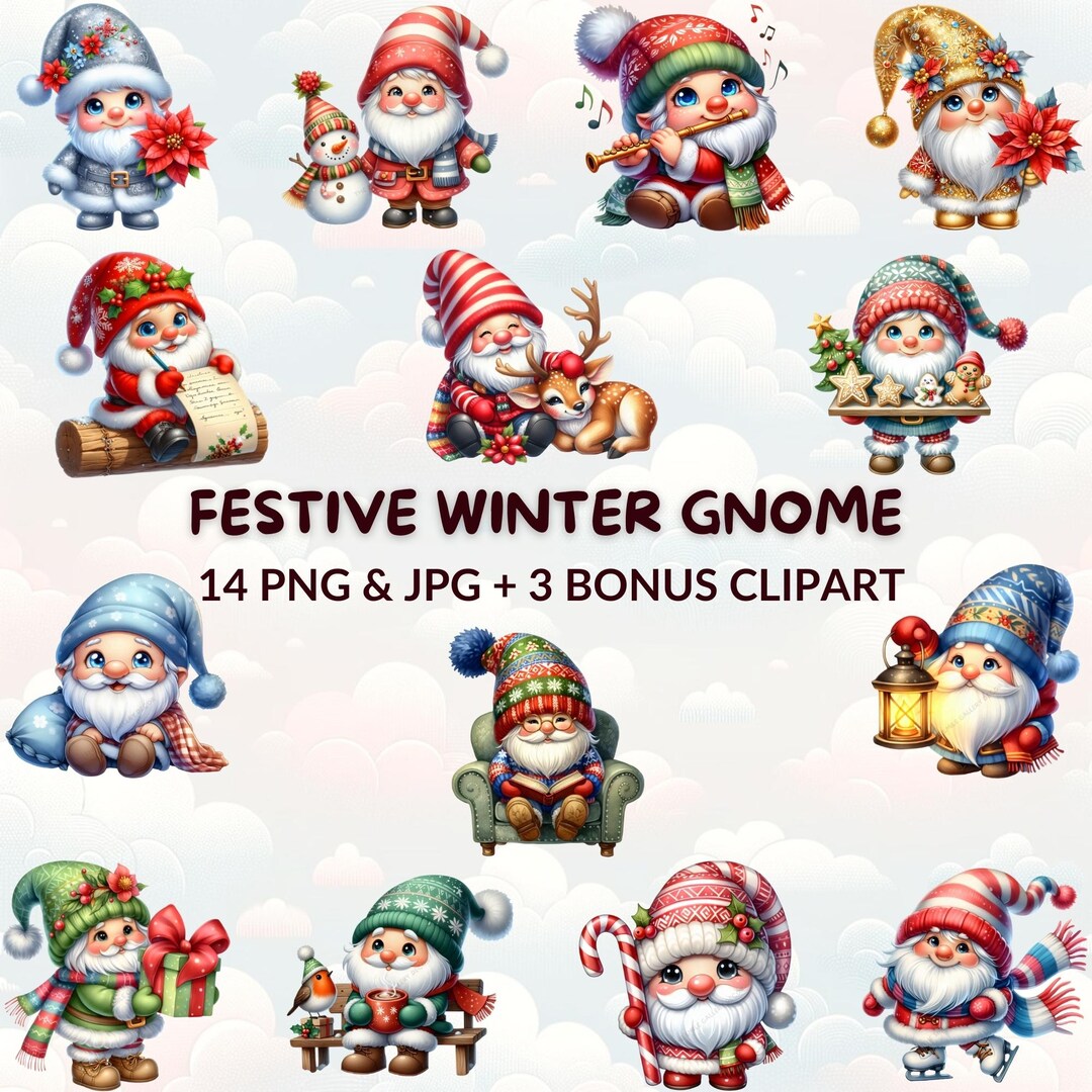 Festive Winter Gnome Clipart Bundle, 14 Christmas Gnome PNG & JPG ...