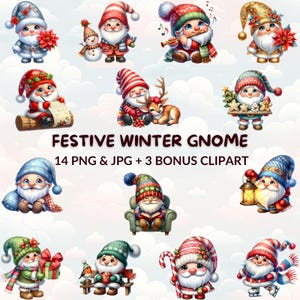 Festive Winter Gnome Clipart Bundle, 14 Christmas Gnome PNG & JPG, Holiday Clipart, Christmas and Winter Digital Download
