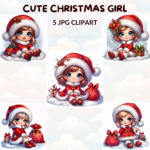 Cute Christmas Girl Clipart Bundle – 5 Watercolor Cartoon Santa Girls, Christmas JPG for Holiday Decor, Crafts, Digital Scrapbooking