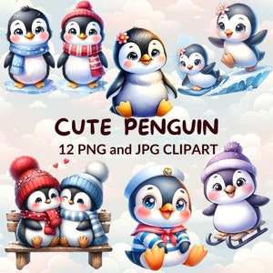 12 Watercolor Penguin Clipart Bundle, Penguin PNG, JPG Files, Cute Arctic Animals, Polar Animals, Baby Shower Decor, Digital Download