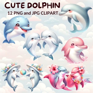 Watercolor Dolphins Clipart Bundle, 12 Cute Dolphin PNG, Summer Dolphin, Undersea Animals, Cute Sea Creatures, Digital Download