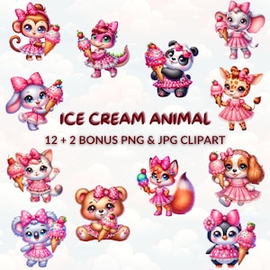 Ice Cream Animal Clipart Bundle, 12 Adorable Ice Cream Animals PNG JPG, Summer Watercolor Cartoon for Party, Nursery, Party Printables