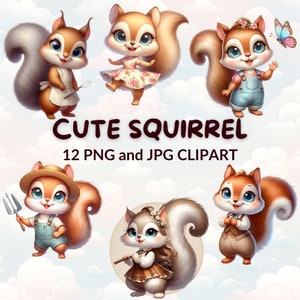12 Watercolor Cartoon  Squirrel Clipart Bundle, Cute Squirrel PNG & JPG File, Forest Animals, Nursery Art, Digital Crafting