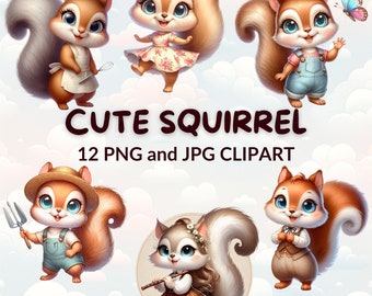 Watercolor Cartoon Squirrel Clipart Bundle: Nursery Art (PNG & JPG)