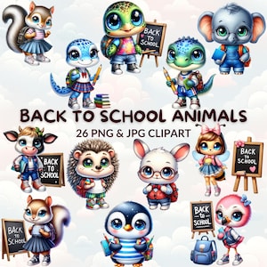 26 Watercolor Cartoon Back to School Animals Clipart Bundle, Cute Animal PNG & JPG, Classroom Decor, Digital Download, School Supplies