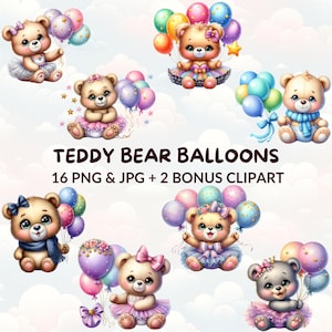 Teddy Bear Balloons Clipart, 16 Watercolor Cartoon Bears PNG & JPG, Birthday Clipart, Baby Shower, Nursery Decor, Party Decorations