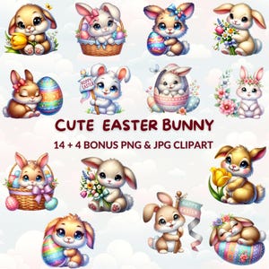 Cute Easter Bunny Clipart, 14 Watercolor Cartoon Rabbits PNG & JPG, Spring Animals, Floral Easter Eggs, Baby Shower, Sublimation Graphics