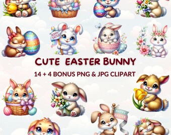Watercolor Easter Bunny Clipart: Cartoon Rabbits PNG & JPG (Digital Download)