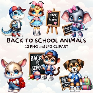 12 Watercolor Cartoon Back to School Animals Clipart Bundle, Cute Animal PNG & JPG, Classroom Decor, Digital Stickers, School Supplies
