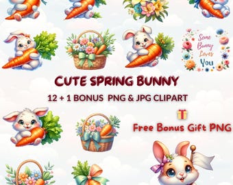 Watercolor Bunny Clipart: Spring Rabbits with Carrots (PNG & JPG)