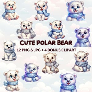 Cute Polar Bear Clipart Bundle, Watercolor Cartoon Bears, 12 PNG & JPG + 4 Bonus, Winter Clipart, Christmas Polar Bear Digital Download