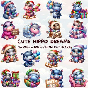 Cute Watercolor Cartoon Hippo Dreams Clipart Bundle, 16 PNG & JPG Baby Hippos, Nursery Decor, Hippopotamus Clipart, Cute Animal