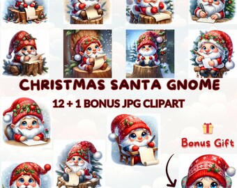 Christmas Santa Gnome Clipart Bundle, 12 Watercolor Gnomes JPG for Holiday Scrapbooking